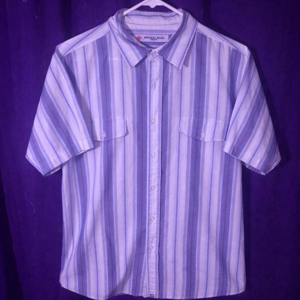 Vintage 90’s Anchor Blue Striped Button Up Shirt, Purple/White, Size M